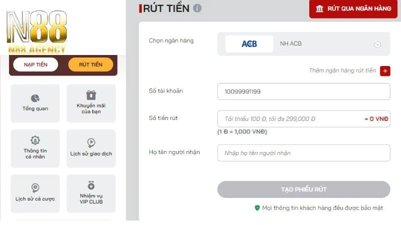 Cách rút tiền N88 qua ngân hàng đơn giản